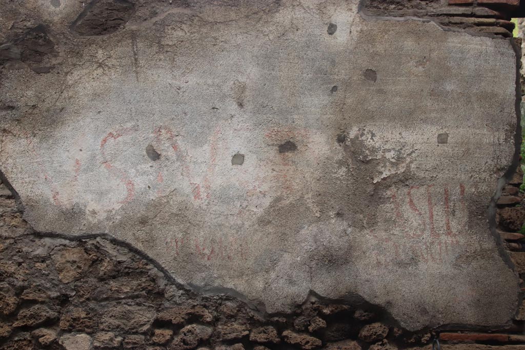 V.7.6 Pompeii. October 2023. Plaster and graffiti (CIL IV 7049) on wall between V.7.5 and V.7.6. Photo courtesy of Klaus Heese. 