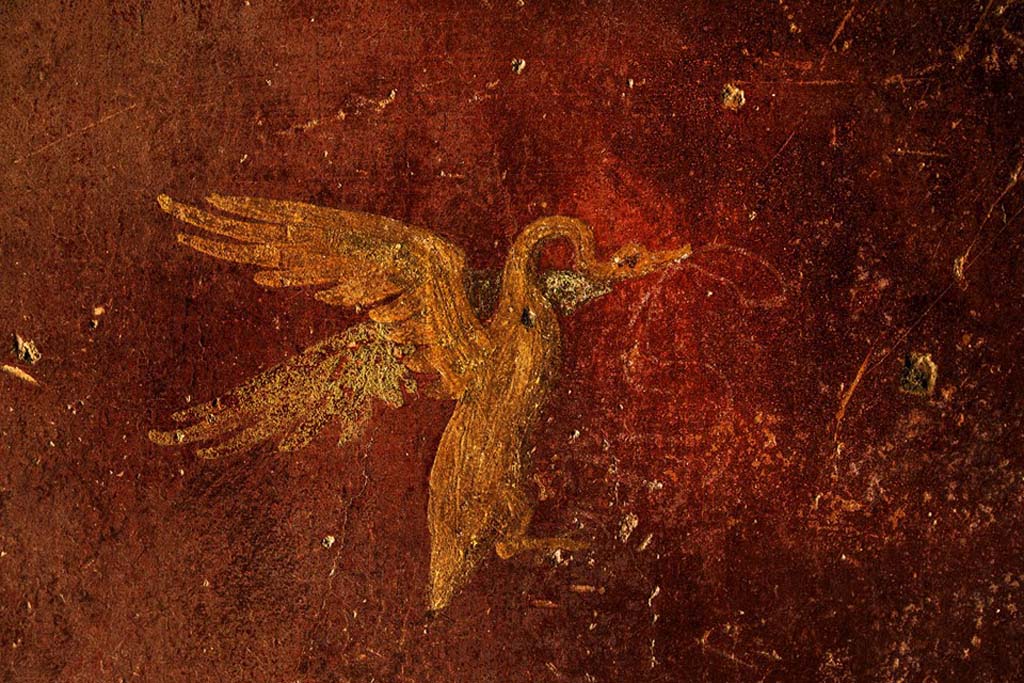 V.7.7 Pompeii. 2018. To the west of the entrance a room was investigated in which it is possible to recognize an older fresco decoration, later covered with a richer fourth-style decoration. 
It is possible that the oldest decoration is prior to the earthquake of 62, while the last decoration refers to renovations following this event.
Photograph © Parco Archeologico di Pompei.
