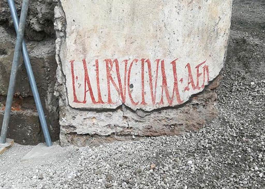 V.7.8 Pompeii. June 2018. South wall on the east side of doorway during excavation with electoral inscription Lucium Albucium aedilem. 
Photograph © Parco Archeologico di Pompei.