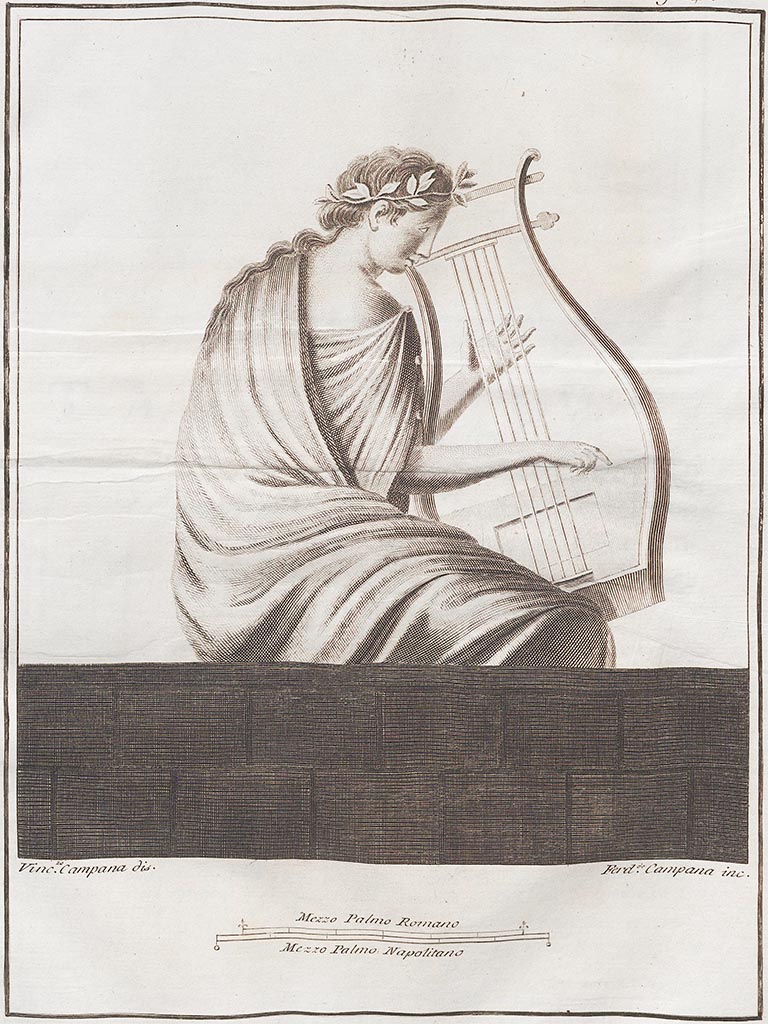 VI.1.1 Pompeii. 
Drawing by V. Campana of painting found on a wall in the house, showing a woman with a laurel crown in the act of touching a golden lyre of five strings with the fingers of her left hand.
See Antichità di Ercolano: Tomo Setto: Le Pitture 5, 1779, Tav LIV, p.241.   
See Romanelli, D. 1817. Viaggio a Pompei, Parte Prima, p.91, above.

