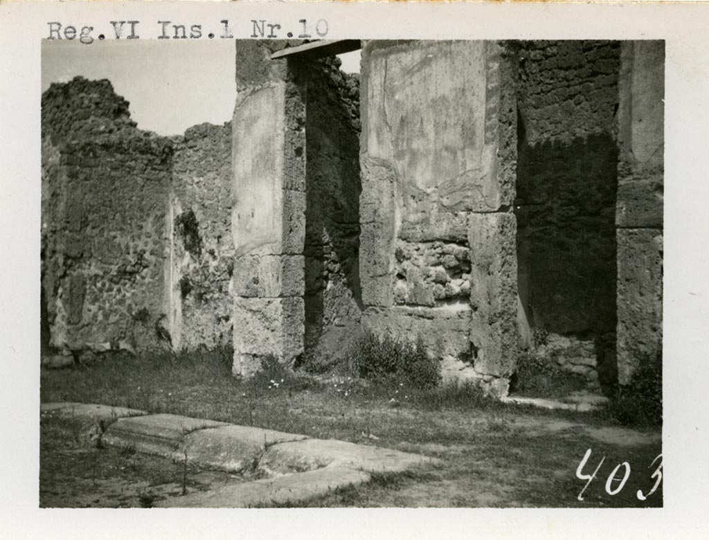 VI.1.10 Pompeii, according to the number on the photo. Pre-1937-1939. Looking towards doorways at side of atrium.  
(Note: We think this may be VIII.7.24, the rooms on the north side of the atrium, so it is also put into there).
Photo courtesy of American Academy in Rome, Photographic Archive. Warsher collection no. 403.
