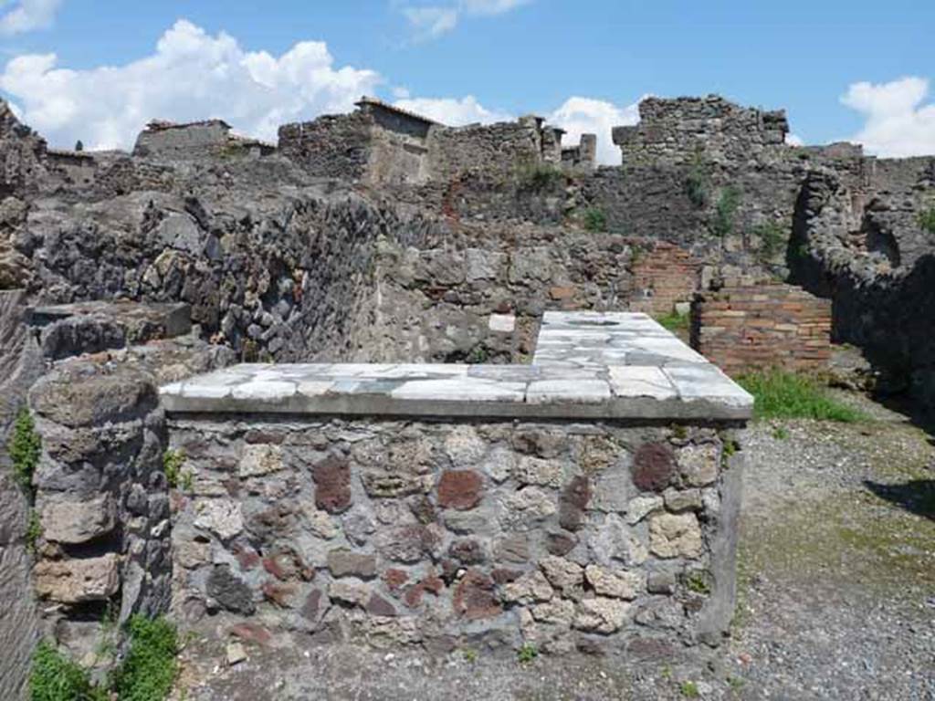 VI.1.17 Pompeii.  May 2010. Two-sided bar counter with display shelves. Looking east.