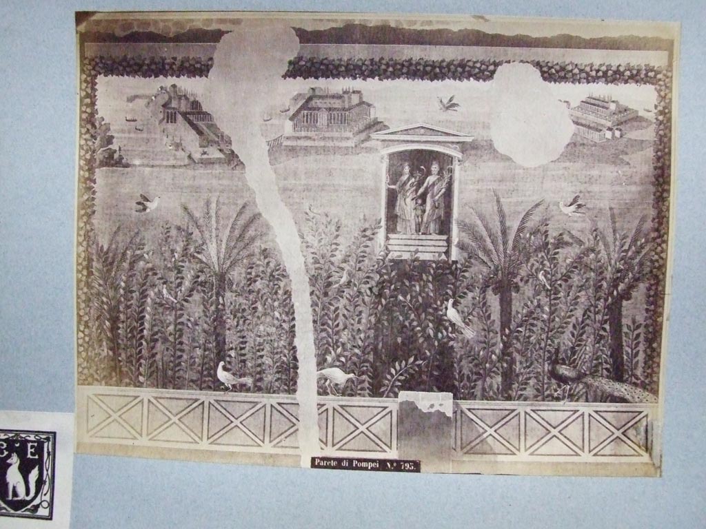 VI.2.14 Pompeii. Garden painting on east wall at the rear of garden.  
Old undated photograph courtesy of the Society of Antiquaries, Fox Collection.
This incorporated a lararium with the likenesses of Egyptian deities, Isis, Osiris and Harpocrates.
See Jashemski, W. F., 1993. The Gardens of Pompeii, Volume II: Appendices. New York: Caratzas. (p. 122). 
According to Boyce, on the east wall was a shrine for Egyptian deities, which had disappeared before Helbig made his descriptions.
Helbig’s descriptions were taken from the Pomp. Ant. Hist.
Below the lararium niche was a brick altar standing on the floor of the room, coated with red stucco and with a yellow candelabrum painted on it.
See Boyce G. K., 1937. Corpus of the Lararia of Pompeii. Rome: MAAR 14. (p. 44, no. 141).
According to CTP –
The painting of Isis, Osiris and Harpocrates was found in March 1811. See PAH, I, 3, (pp.52-54) – 16th March. (p.239, Addenda).
See Van der Poel, H. B., 1983. Corpus Topographicum Pompeianum, Part II. Austin: University of Texas. (p.247).
