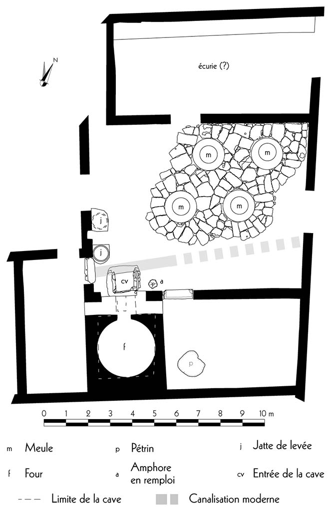 Fig. 4 - Pompi Pistrina. Plan de la boulangerie VI 3, 3.27-28.
Relev  dessin : S. Zanella, R. Macario ; chelle : 1/100.
