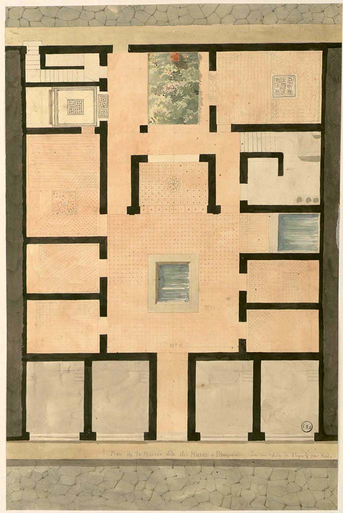 VI.3.7 Pompeii. Plan of House, with lower entrance doorway onto Via Consolare.
At the top of the plan, the doorway on the left is from VI.3.26 (to stairs) and from centre left, at VI.3.25.
The plan also shows mosaic floor patterns.
See Lesueur, Jean-Baptiste Ciceron. Voyage en Italie de Jean-Baptiste Ciceron Lesueur (1794-1883), pl. 4.
See Book on INHA reference INHA NUM PC 15469 (04)  « Licence Ouverte / Open Licence » Etalab
