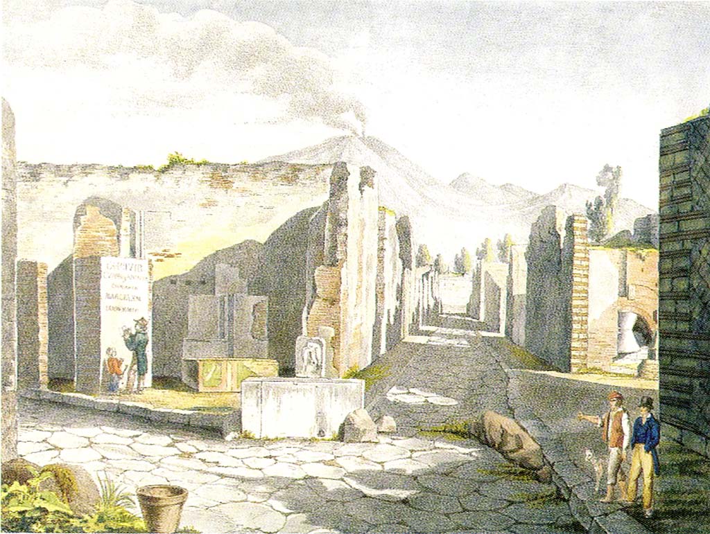 VI.3.20 Pompeii. Painting c.1818. 
Looking north to bar with electoral recommendation on the left of doorway, at junction of Via Consolare with Vicolo di Modesto. 
On the right is the bakery at VI.6.17.
