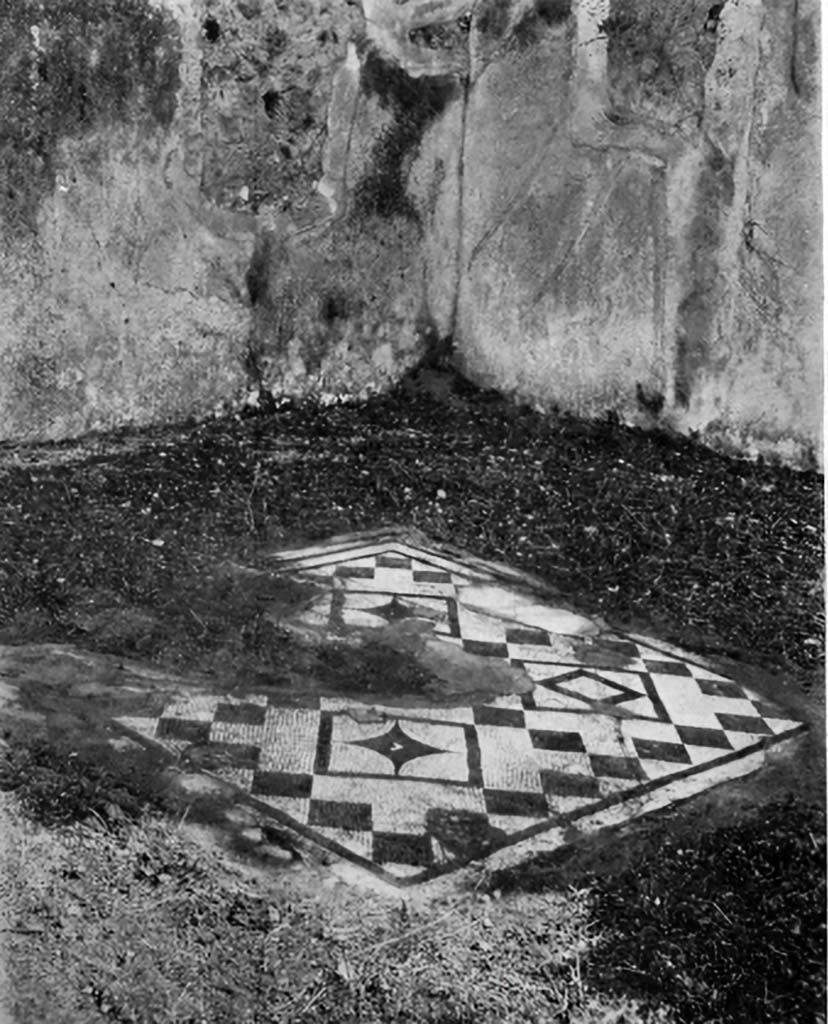 VI.5.3 Pompeii. c.1930. Room 5, looking across central emblema of flooring in triclinium, towards south-east corner.
See Blake, M., (1930). The pavements of the Roman Buildings of the Republic and Early Empire. Rome, MAAR, 8, (p.102,110,114, & Pl. 30, tav.3).

