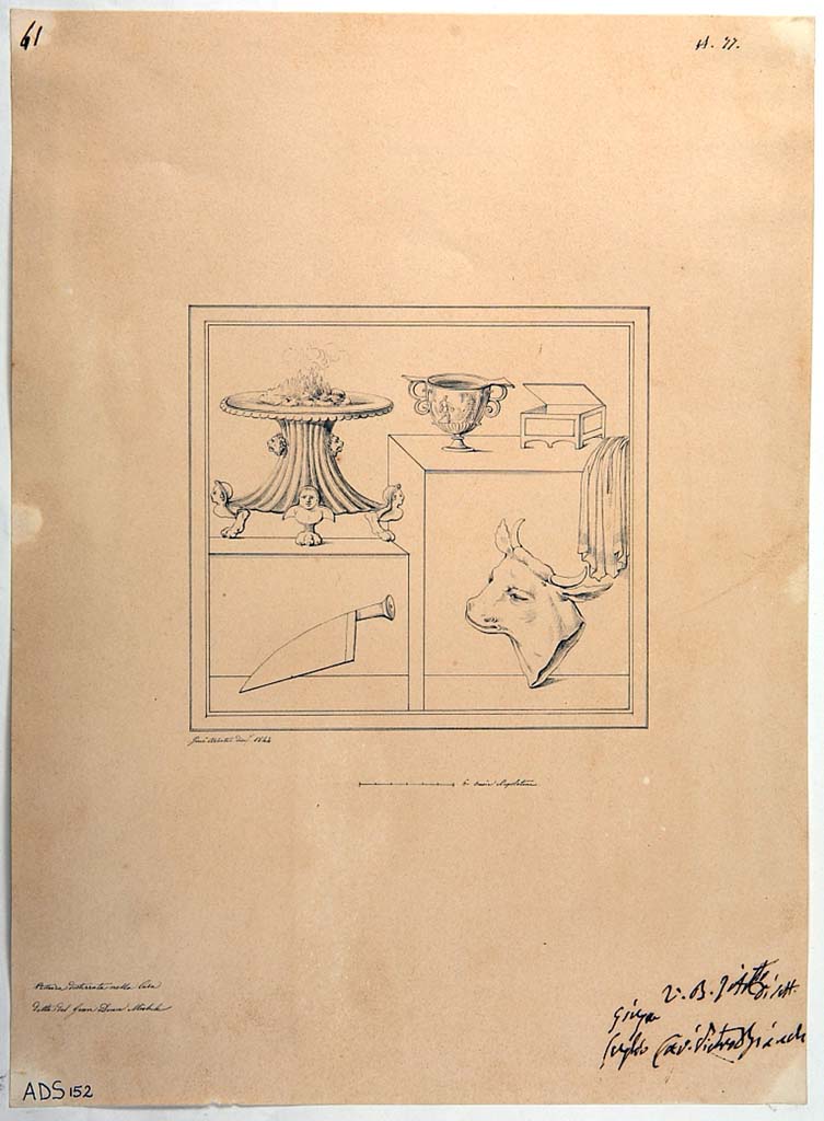 VI.5.5 Pompeii. 1844 drawing by Giuseppe Abbate showing instruments and elements relating to the sacrifice, including amongst others, the cup, the knife and the head of the ox. (Helbig 1774).
Now in Naples Archaeological Museum. Inventory number ADS 152.
Photo  ICCD. http://www.catalogo.beniculturali.it
Utilizzabili alle condizioni della licenza Attribuzione - Non commerciale - Condividi allo stesso modo 2.5 Italia (CC BY-NC-SA 2.5 IT)
