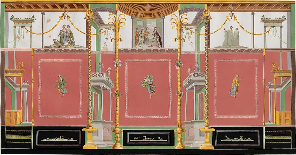 VI.5.13 Pompeii. 1852. Painting of atrium wall showing positions of other paintings.
See Zahn, W., 1852. Die schönsten Ornamente und merkwürdigsten Gemälde aus Pompeji, Herkulanum und Stabiae: III. Berlin: Reimer. (T: 44).
