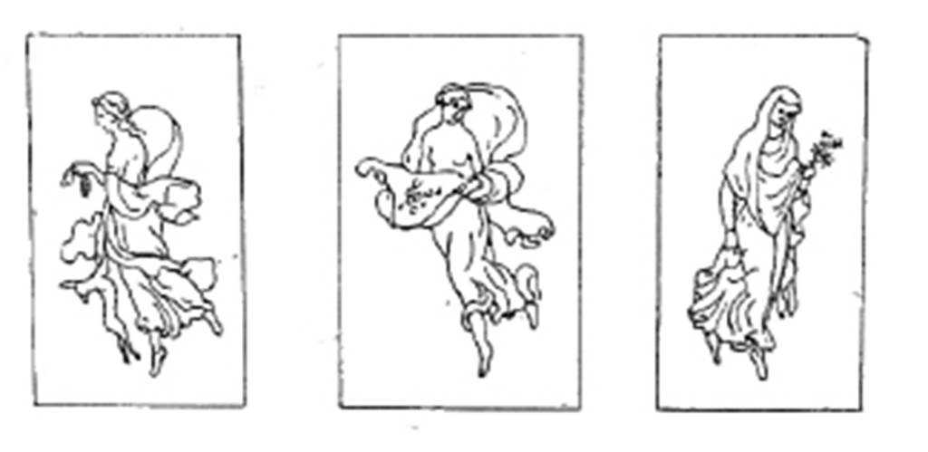 VI.5.13 Pompeii. Drawing of paintings of summer, autumn and winter from the atrium. See Reinach S., 1922. Répertoire de peintures grecques et romaines. Paris Leroux. (p. 136, 11-13). See Helbig, W., 1868. Wandgemälde der vom Vesuv verschütteten Städte Campaniens. Leipzig: Breitkopf und Härtel. (979, 994, 1001).