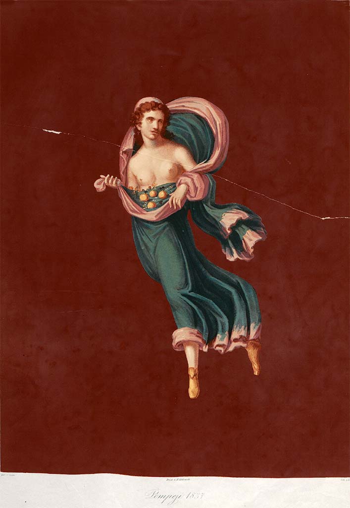 VI.5.13 Pompeii. 1837. Painting by Zahn of the flying figure of Autumn. 
This was one of the Seasons that would have been seen on the atrium wall.
According to Zahn, this was discovered on 31st March 1837 in the presence of the Grand Duke Michel of Russia.
See Zahn, W., 1842-44. Die schönsten Ornamente und merkwürdigsten Gemälde aus Pompeji, Herkulanum und Stabiae: II. Berlin: Reimer, taf. 47.
