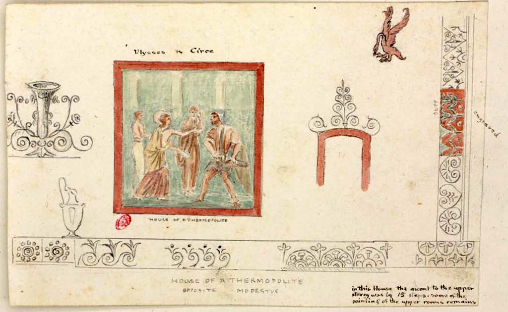 VI.5.13 Pompeii. Between 1819 and 1832, drawings by W. Gell, described by him as from “House of a Thermopolite opposite Modestus.”
Also written on the drawing “In this house the ascent to the upper storey was by 15 steps, some of the paintings of the upper rooms remains.”
See Gell, W. Pompeii unpublished [Dessins de l'édition de 1832 donnant le résultat des fouilles post 1819 (?)] vol II, pl. 76.
Bibliothèque de l'Institut National d'Histoire de l'Art, collections Jacques Doucet, Identifiant numérique Num MS180 (2).
See book in INHA Use Etalab Licence Ouverte
According to CTP, the House of the Thermopolite was VI.5.14.
See Van der Poel, H. B., 1983. Corpus Topographicum Pompeianum, Part II. Austin: University of Texas. (p.185).

