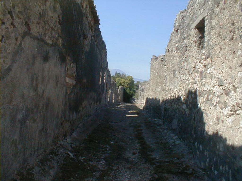 VI.5.16 Pompeii, (side wall). September 2004. Vicolo della Fullonica, looking north. VI.7, on right.