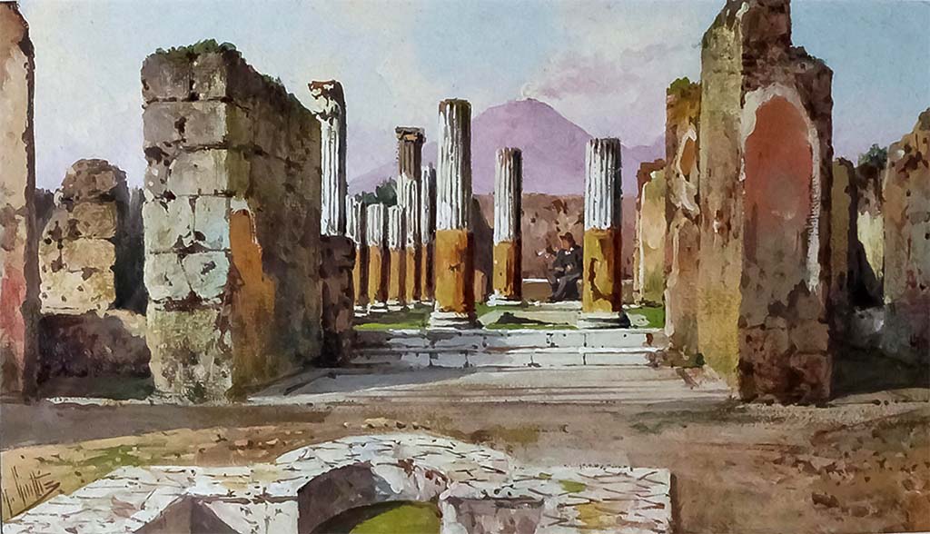 VI.6.1 Pompeii. Painting by Guglielmo Giusti (1824-1916). Looking north across impluvium in atrium towards tablinum and peristyle.