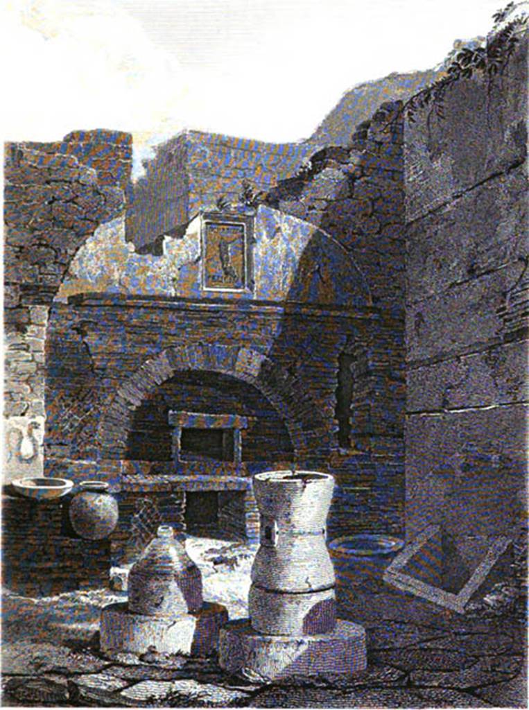 VI.6.17 Pompeii. 1852. Print of bakery in the House of Pansa. The print showed a single serpent painted on the front side of the oven and the plaque in place. See Gell, W. and Gandy, J., 1852.  Pompeiana: Third Edition.  London: Bohn.  (Pl. 38).
