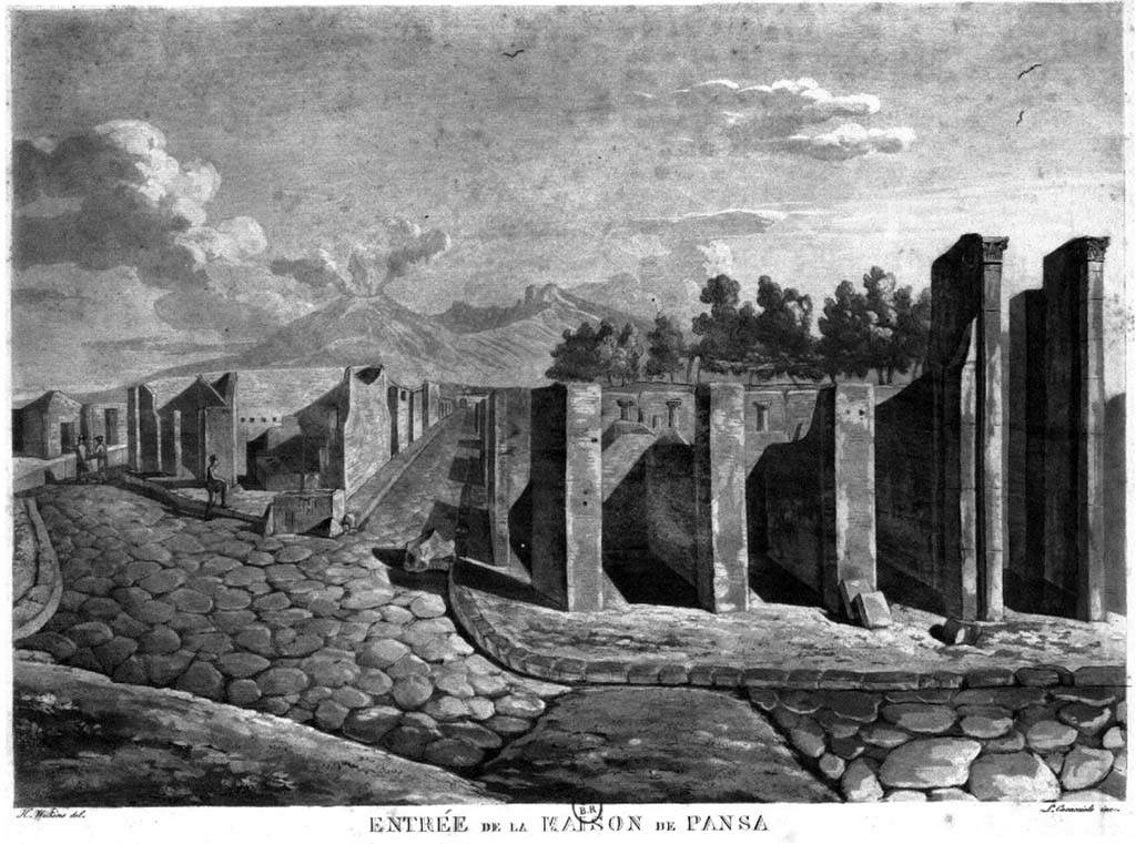 VI.6.21 Pompeii, in centre. Painting by H. Wilkins c.1819. Looking north from Via delle Terme (lower).
The junction with Via Consolare is on the left. 
The entrance corridor to VI.6.1, House of Pansa, is on the right.
See Wilkins H, Suite des Vues Pittoresque des ruines de Pompei, 1819. (p.14 et Pl. XIV).
