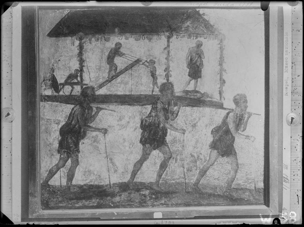 VI.7.8 Pompeii. W.58. Wall painting of the Procession of the Carpenters, originally found on pilaster between entrances VI.7.8 and VI.7.9.
Now in Naples Archaeological Museum. Inventory Number 8991. 
Photo by Tatiana Warscher. Photo © Deutsches Archäologisches Institut, Abteilung Rom, Arkiv. 
