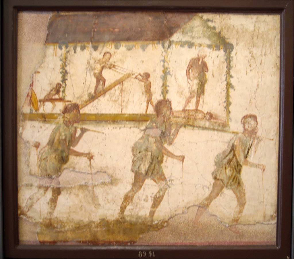 VI.7.9 Pompeii.  Wall painting of the Procession of the Carpenters.   Originally found on pilaster between entrances VI.7.8 and VI.7.9.  Old undated photograph courtesy of the Society of Antiquaries, Fox Collection.

