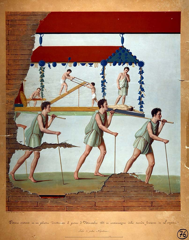 VI.7.9 Pompeii. Wall painting of the Procession of the Carpenters.   
Originally found on pilaster between entrances VI.7.8 and VI.7.9.
Now in Naples Archaeological Museum. Inventory number 8991.
See Helbig, W., 1868. Wandgemälde der vom Vesuv verschütteten Städte Campaniens. Leipzig: Breitkopf und Härtel. (1480).
According to Leach, figures of Minerva, Mercury and Daedalus painted on its exterior pilasters (6.7.8-12), as well as another painting of a procession advertising the craft of Daedalus under the protection of Minerva and Mercury, were taken by Mau as an indication that this was a Carpenter’s workshop.
The sign showed 3 carpenters bearing a ferculum (bier or litter) that included a figure of Daedalus and some workmen performing carpenters’ tasks.  
A dead figure lies before Daedalus' feet: this may well be a reference to the nephew Perdix whom the legendary artisan murdered through jealousy for his invention of the rake.  
(PPM 4, p389-91, however, suggested that the sign indicated a perfumer’s shop that dealt in spices requisite to funeral rituals).
See Leach, E.W: The Social Life of Painting in Ancient Rome and on the Bay of Naples.
