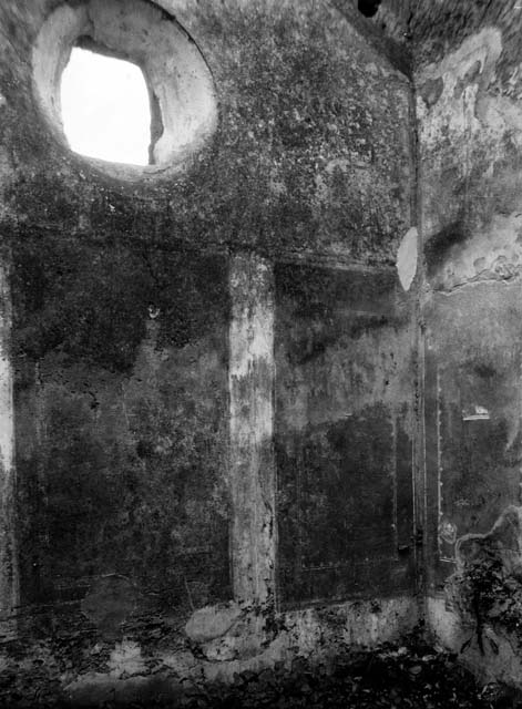 VI.7.16 Pompeii. W.1313. Ambiente 13, west wall with remains of wall decoration.
According to Bragantini, the west wall was described as having yellow panels with a vignette of a bird in both its north and south panel.
It was bordered with two parallel lines, and separated by narrow white panels, with golden candelabra. 
See Bragantini, de Vos, Badoni, 1983. Pitture e Pavimenti di Pompei, Parte 2. Rome: ICCD. (p.149, 607161303).
Photo by Tatiana Warscher. Photo © Deutsches Archäologisches Institut, Abteilung Rom, Arkiv. Listed as being from VI.7.15.
