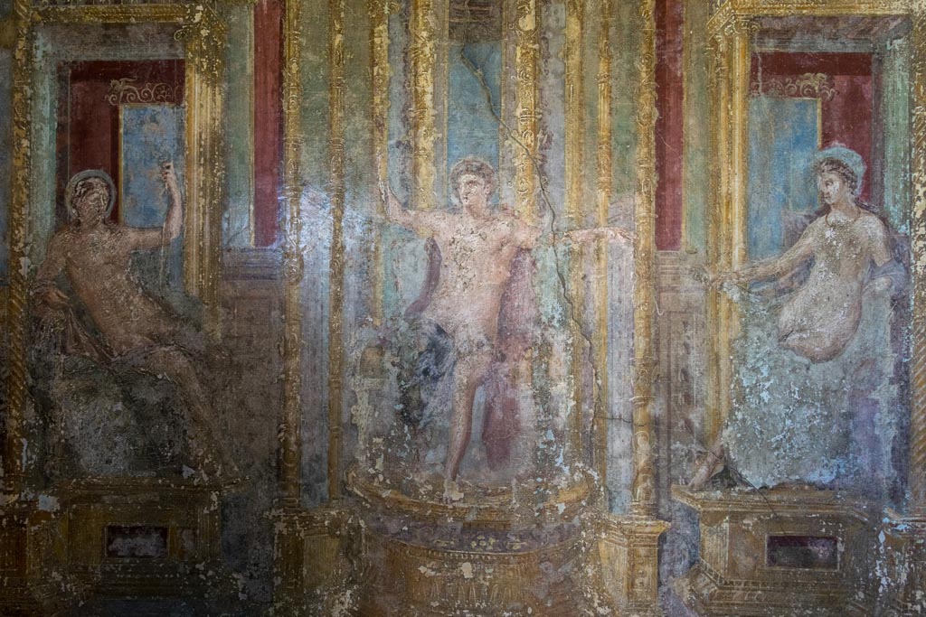 VI.7.23 Pompeii. October 2023. 
Detail from west alcove, west wall of the cubiculum duplex in the viridarium. Photo courtesy of Johannes Eber.
