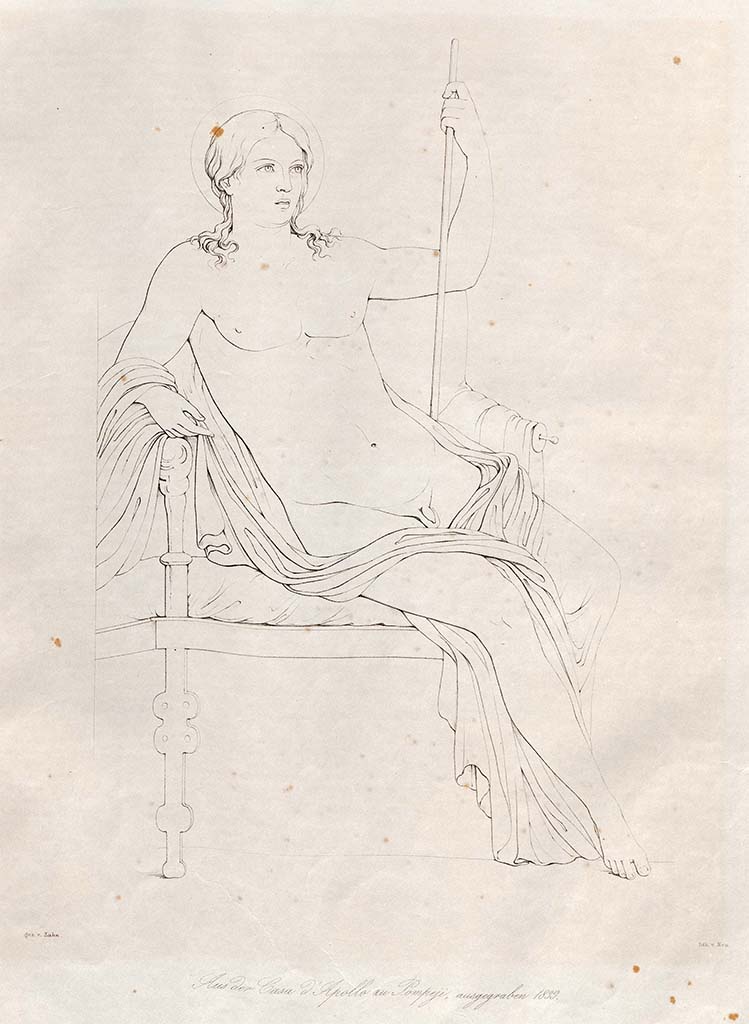 VI.7.23 Pompeii. Drawing by Zahn of a seated figure on west wall of cubiculum.
See Zahn, W., 1842-44. Die schönsten Ornamente und merkwürdigsten Gemälde aus Pompeji, Herkulanum und Stabiae: II. Berlin: Reimer, taf. 40.
