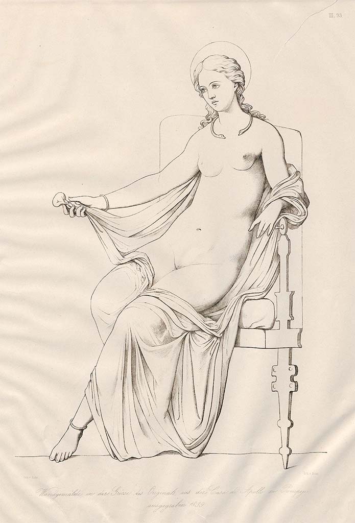 VI.7.23 Pompeii. Pre-September 1859. Drawing by Zahn of Venus on a throne.
See Zahn, W., 1852-59. Die schönsten Ornamente und merkwürdigsten Gemälde aus Pompeji, Herkulanum und Stabiae: III. Berlin: Reimer, taf. 93.
