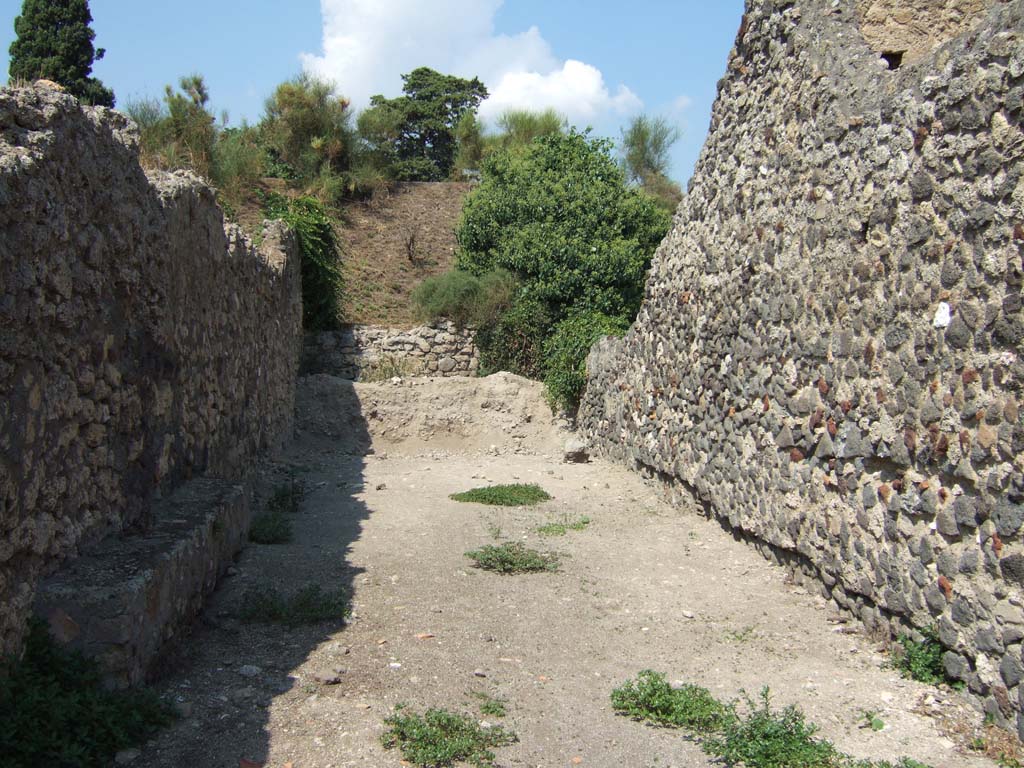 VI.5 Pompeii, on left. September 2005.    Vicolo della Fullonica, looking north to city walls.      Rear wall of VI.7.23, on right.