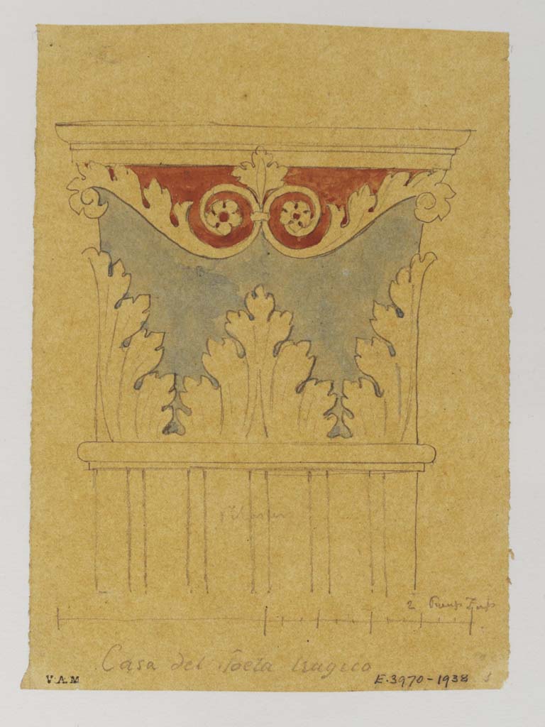 VI.8.3/5 Pompeii. c.1840. Drawing and watercolour by James William Wild. 
This would appear to be the stucco decorating the top of the four corners of the lararium, as opposed to the top of the columns in the peristyle.
Photo © Victoria and Albert Museum, inventory number E.3970-1938. casa del poeta tragico.
