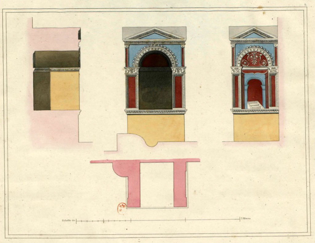 VI.8.3/5 Pompeii. c.1828. Drawings of details of Lararium.
See Raoul Rochette et Bouchet J., 1828. Choix d'Edifices Inédits : Maison du Poète Tragique. Paris, pl 5.
