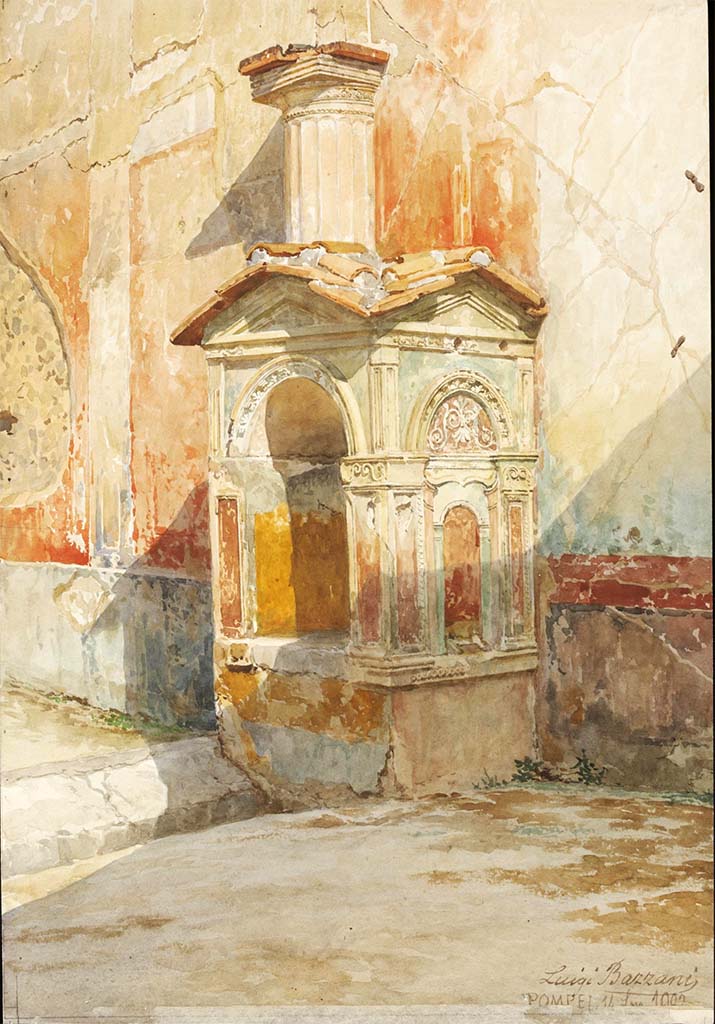 VI.8.3/5 Pompeii. c.1828. Drawings of details of Lararium.
See Raoul Rochette et Bouchet J., 1828. Choix d'Edifices Inédits : Maison du Poète Tragique. Paris, pl 5.
