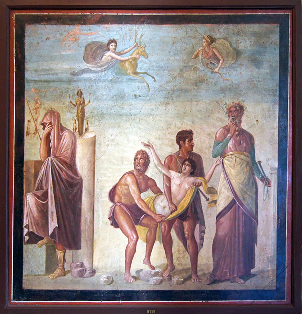 VI.8.3/5 Pompeii. December 2019. Found on 30th April 1825. North wall of peristyle. Painting of the Sacrifice of Iphigenia. 
Now in Naples Archaeological Museum. Inventory number 9112.  Photo courtesy of Giuseppe Ciaramella.
