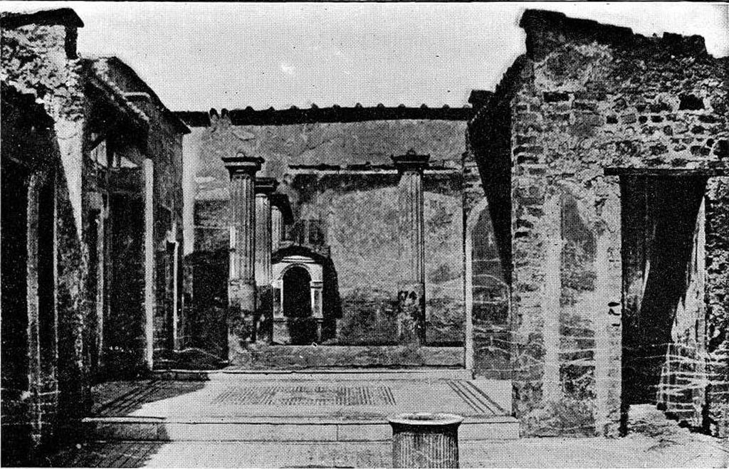 VI.8.3/5 Pompeii. 1915. Looking through tablinum to peristyle and aedicula lararium. Photo courtesy of Rick Bauer.