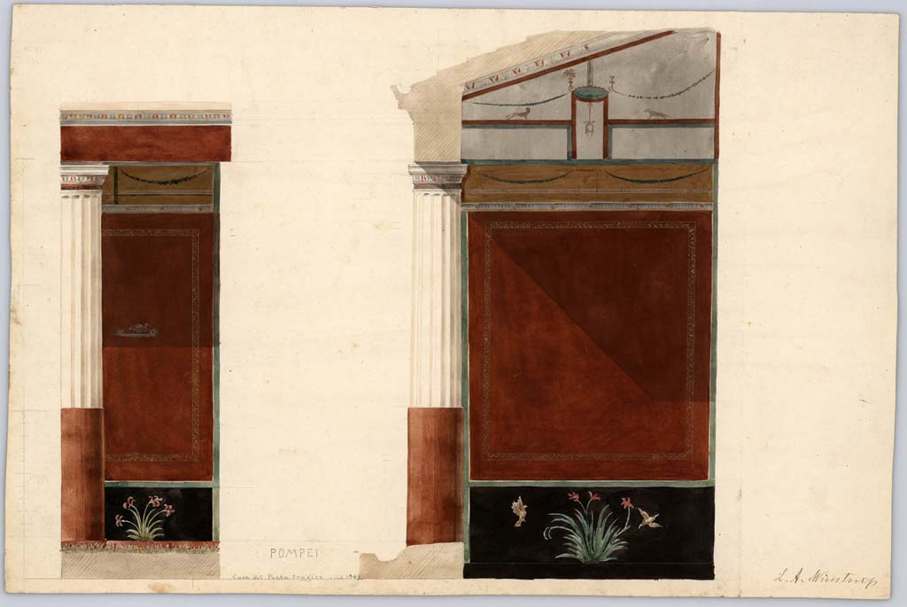 VI.8.3/5 Pompeii. July 1849. Painting by Laurits Albert Winstrup, showing painted walls in peristyle area. 
Photo © Danmarks Kunstbibliotek, inventory number ark_6187b.
