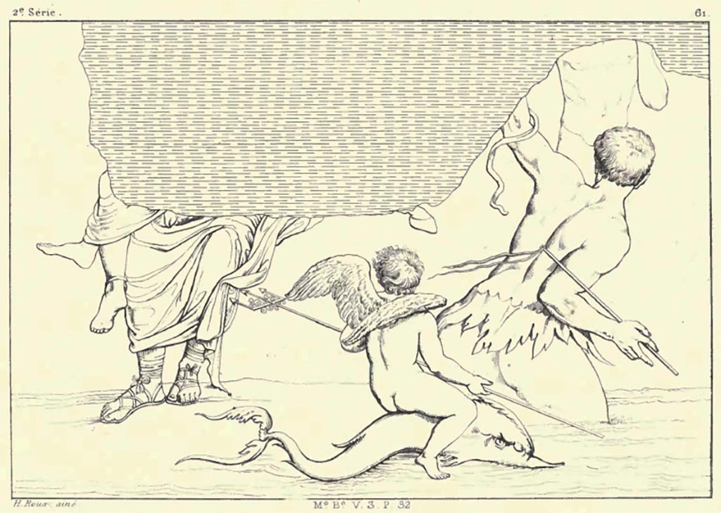 VI.8.5 Pompeii. 
Drawing by Roux of a painting seen on the west wall of the atrium, described as a Cupid on a dolphin, a triton, and the legs of other figures.
See Roux, H., 1839. Herculanem et Pompei recueil général des Peintures, Bronzes, Mosaïques : Tome 2. Paris : Didot. (p. 193-194 and No.61).
