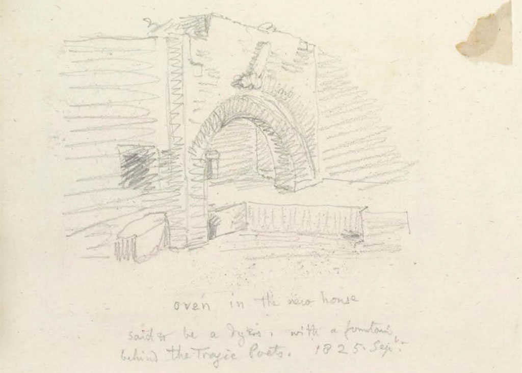 6.8.20 Pompeii. September 1825. Room 16, kitchen, with oven and bench
Sketch by W. Gell showing Oven in the new house said to be a dyers, with a fountain, behind the Tragic Poets. 
See Gell, W. Pompeii unpublished [Dessins de l'dition de 1832 donnant le rsultat des fouilles post 1819 (?)] vol II, p.152/178.
Bibliothque de l'Institut National d'Histoire de l'Art, collections Jacques Doucet, Identifiant numrique Num MS180 (2).
See book in INHA Use Etalab Licence Ouverte

