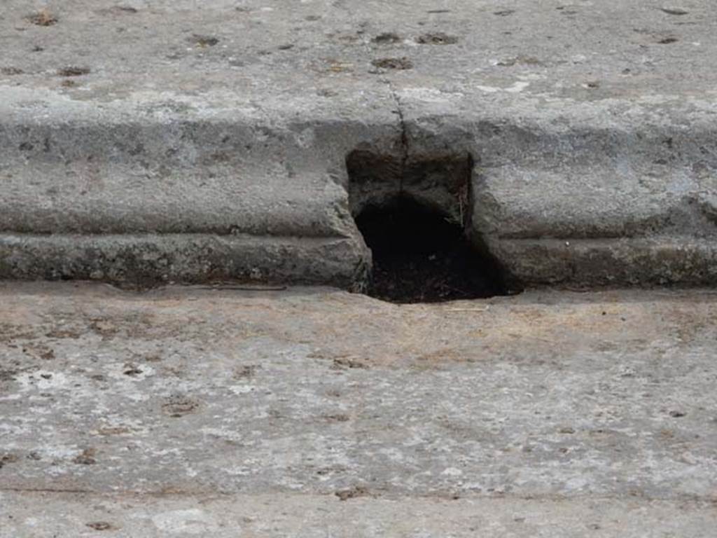 VI.8.22 Pompeii. May 2017. Drainage hole in east side of impluvium.
Photo courtesy of Buzz Ferebee.
