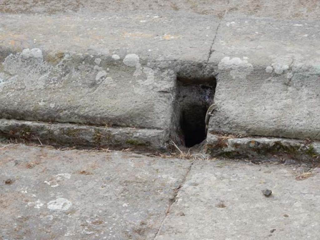 VI.8.22 Pompeii. May 2017. Drainage hole in south side of impluvium.
Photo courtesy of Buzz Ferebee.
