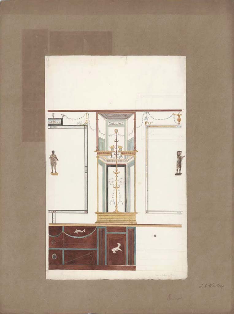 VI.9.6 Pompeii. 1849. Room 16, painting by Laurits Albert Winstrup, without a clear indication from which wall. 
Photo © Danmarks Kunstbibliotek, inventory number ark_6190b.

