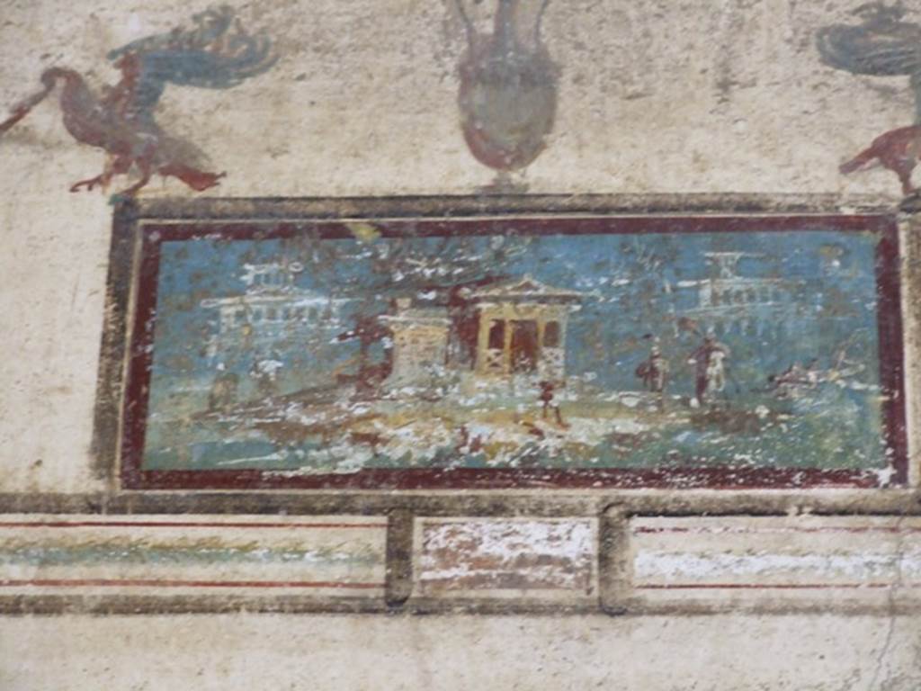 VI.9.6 Pompeii. March 2009. Room 16, painted panel of landscape scene with buildings, from west wall at south end.