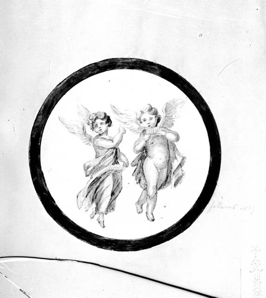 VI.9.6 Pompeii. Room 8, 19th century watercolour copy of painted panel of Cupid and Psyche, from north end of east wall.
DAIR 83.97. Photo © Deutsches Archäologisches Institut, Abteilung Rom, Arkiv. 
