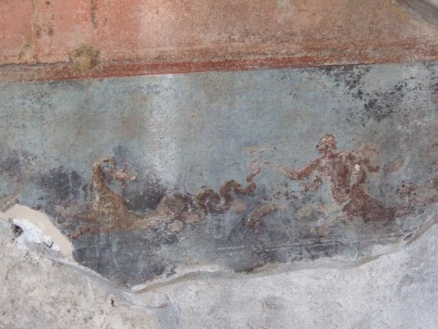 VI.9.6 Pompeii. c.1830. Room 8, drawing by Gell of painting of sea creature and sea deity, from the centre of the south wall.
See Gell, W. Sketchbook of Pompeii, c.1830. 
See book from Van Der Poel Campanian Collection on Getty website http://hdl.handle.net/10020/2002m16b425
