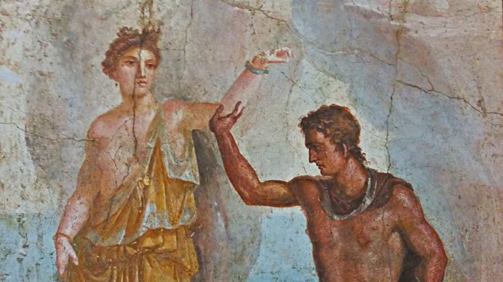 VI.9.6 Pompeii.  Detail from wall painting of Perseus rescuing Andromeda.
Now in Naples Archaeological Museum. Inventory number 8998.  Photo courtesy of Giuseppe Ciaramella, November 2018.
