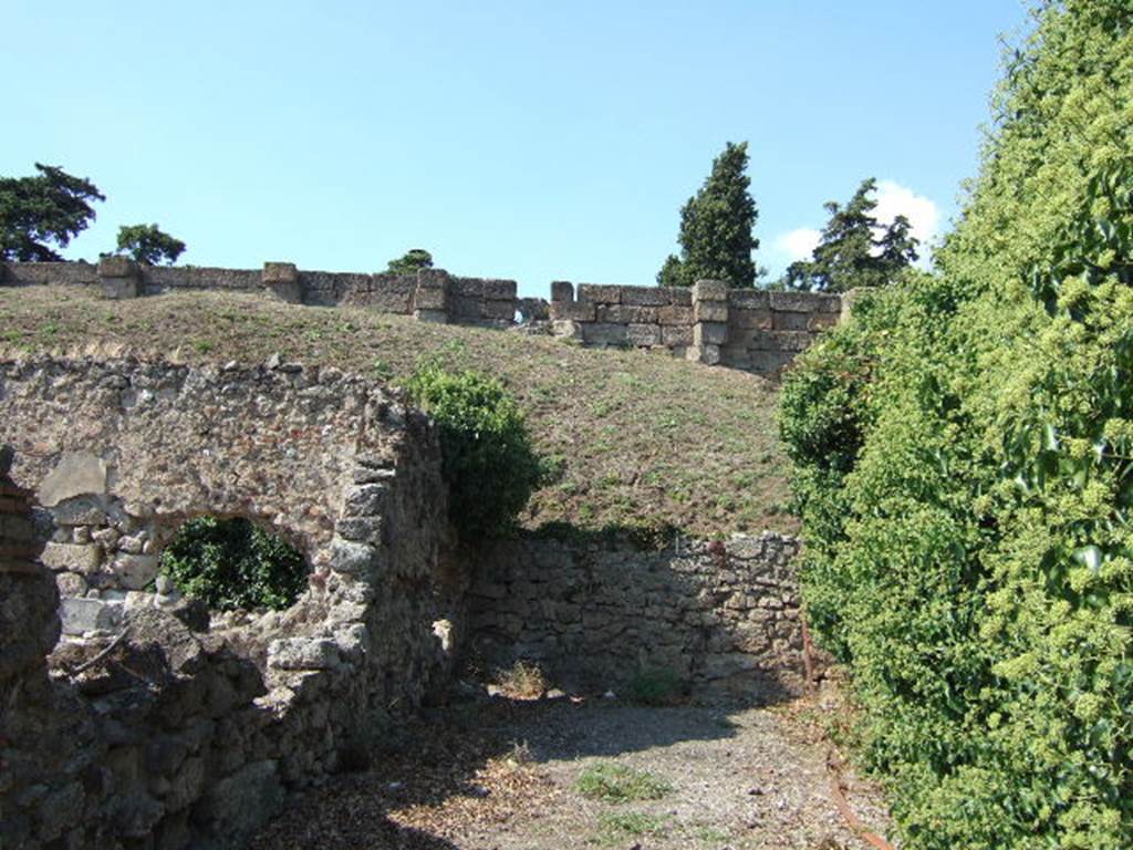 VI.9.14 Pompeii, on left. September 2005. Vicolo del Fauno looking north to walls. VI.11 on right.