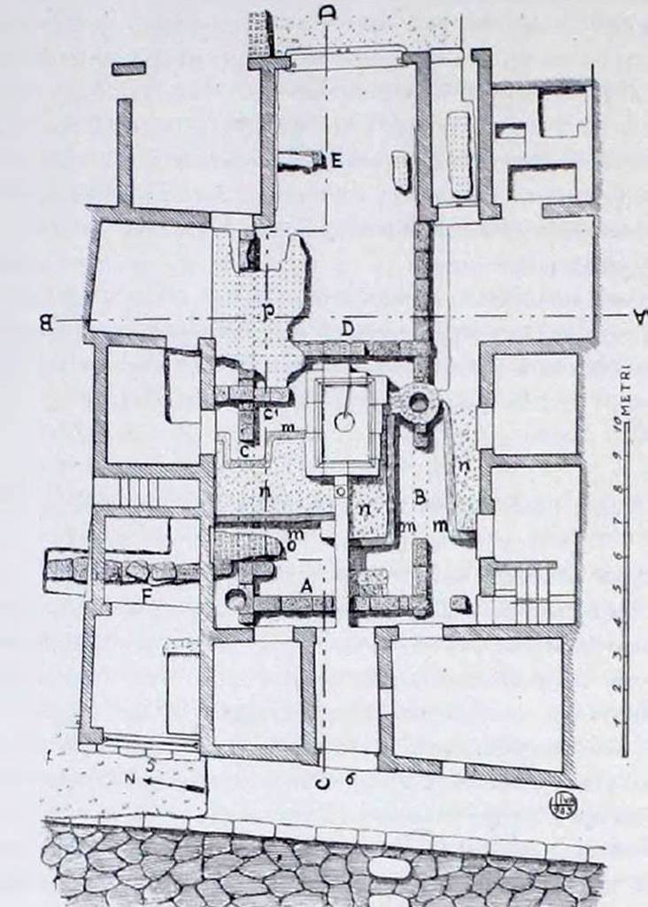 VI.10.6 Pompeii. 
Plan and foundations of the house as shown in report on excavations beneath the floor of the atrium.
See Maiuri in Notizie degli Scavi, 1944-45, (p.136, fig.3).
