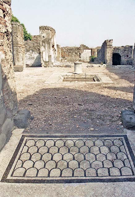 VI.10.7 Pompeii. March 2009. Room 1, north side of atrium.  Large lava stone base for arca or cash-chest covering black and white mosaic floor remains, from between doorways to rooms 5 and 6.

