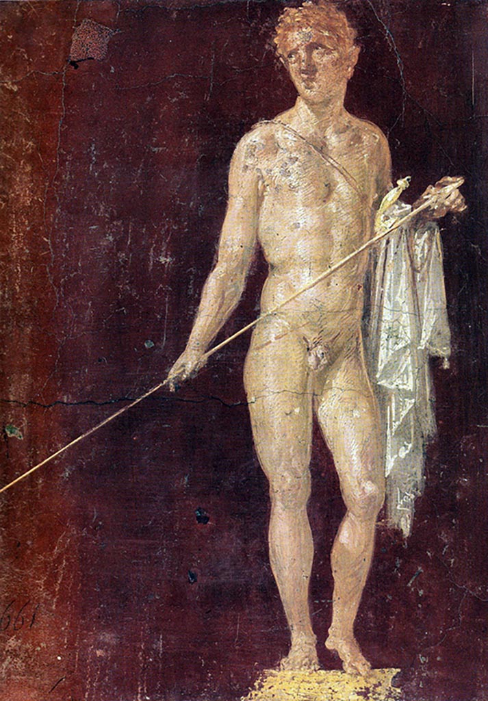 VI.10.11 Pompeii. 
Room 3, Painting of warrior, painted panel from west wall of atrium, south of the doorway to room 12. 
Now in Naples Archaeological Museum. Inventory number 9123.
Our thanks to Rachel Lowder for helping with this.