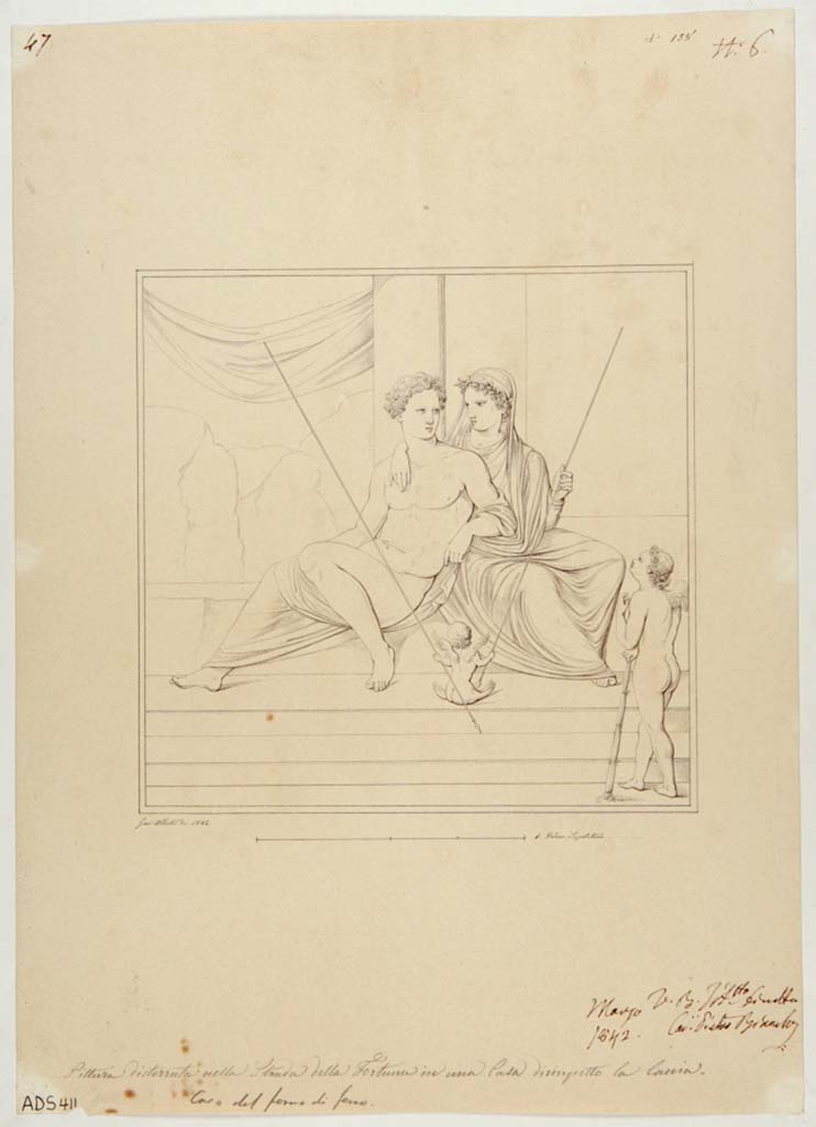 VI.13.6 Pompeii. 
Drawing by Giuseppe Abbate, 1842, of a painting in a side panel of the west wall of the tablinum showing Venus and Adonis, which is only known from this engraving.
Another similar painting of Venus and Adonis was found in a cubiculum on the east side of the atrium. 
Now in Naples Archaeological Museum. Inventory number ADS 411.
Photo © ICCD. https://www.catalogo.beniculturali.it
Utilizzabili alle condizioni della licenza Attribuzione - Non commerciale - Condividi allo stesso modo 2.5 Italia (CC BY-NC-SA 2.5 IT)
See Helbig, W., 1868. Wandgemälde der vom Vesuv verschütteten Städte Campaniens. Leipzig: Breitkopf und Härtel, (Helbig 335).

According to PPM –
“The tablinum was particularly rich in its decoration with three paintings on each of its walls.
On the west wall was the painting with Hercules and Omphale, now in Naples Archaeological Museum, on either side of it was Venus and Adonis and of a Satyr and a Nymph; on the east wall, the central painting was conserved that of Dionysius approaching with his procession towards a sleeping Ariadne and one with the lyre-playing Apollo accompanied by a player with a double flute.”
See Carratelli, G. P., 1990-2003. Pompei: Pitture e Mosaici. V (5). Roma: Istituto della enciclopedia italiana, p. 159.

