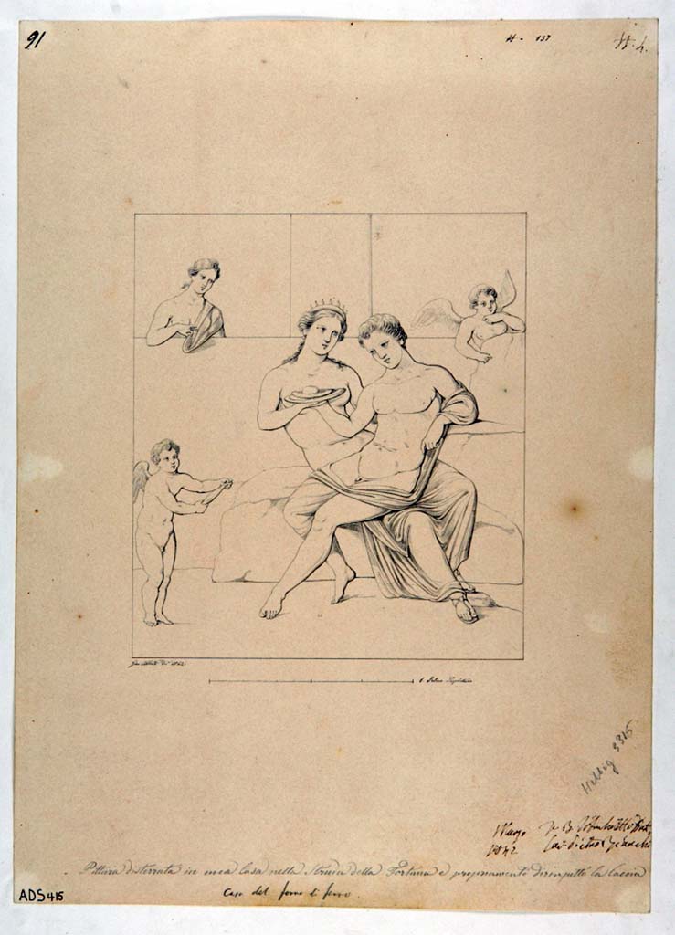 VI.13.6 Pompeii. Drawing by Giuseppe Abbate, 1842, of a painting found July 1837, from the same cubiculum on east side of atrium.
The painting showed Adonis sitting on the lap of Venus, accompanied by three cupids.
Now in Naples Archaeological Museum. Inventory number ADS 415.
Photo © ICCD. http://www.catalogo.beniculturali.it
Utilizzabili alle condizioni della licenza Attribuzione - Non commerciale - Condividi allo stesso modo 2.5 Italia (CC BY-NC-SA 2.5 IT)
See Helbig, W., 1868. Wandgemälde der vom Vesuv verschütteten Städte Campaniens. Leipzig: Breitkopf und Härtel, (331).
