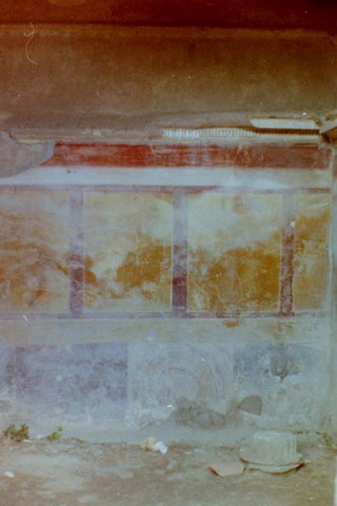VI.13.19 Pompeii. 4th April 1980, pre earthquake. Cubiculum on the north side of atrium, painted wall decoration on north wall. Photo courtesy of Tina Gilbert.
